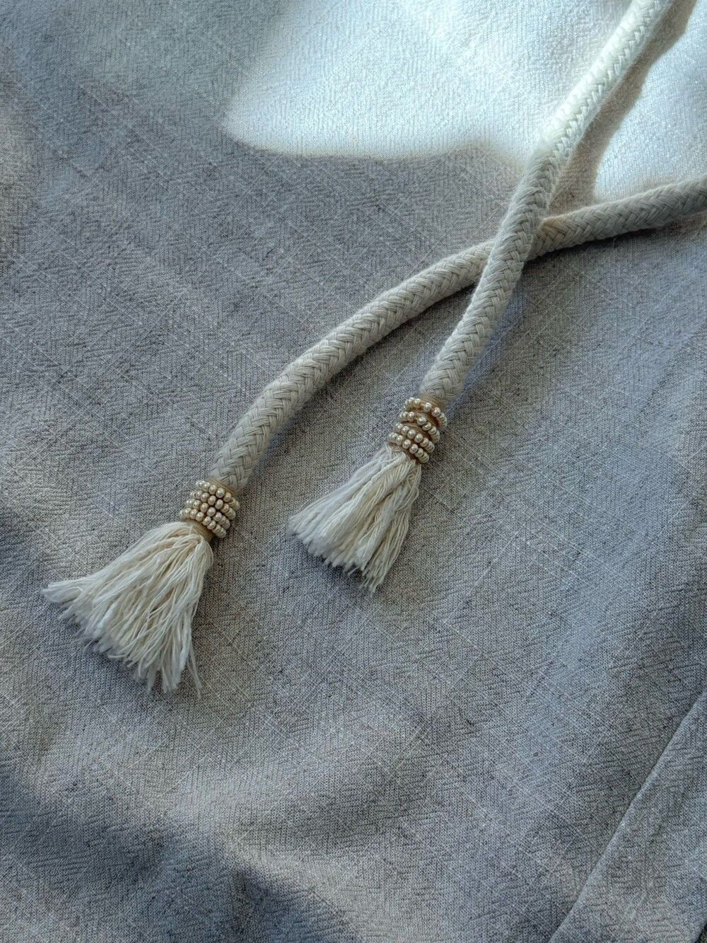 Linen Pants Rope Belt Tassel Wide Leg Beige Natural Coastal Cottage Beach Small - Picture 7 of 9
